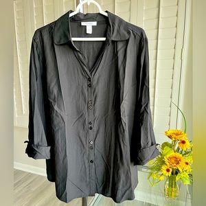 DRESSBARN Black V-neck Double Button Down Blouse with Collar Size 18/20W
